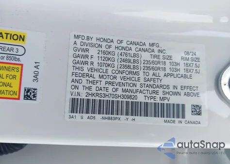 2025 Honda Cr-V Ex-L 2Wd из США, поврежденный, VIN 2HKRS3H70SH309820